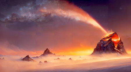 Fantastic winter landscape with high mountains in the clouds at sunsetの素材