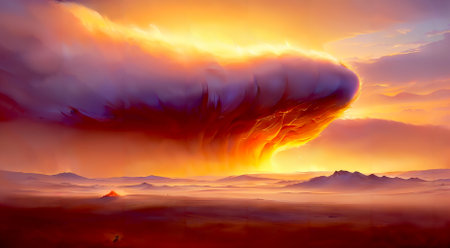 Volcano eruption at sunset. Dramatic sky. 3D renderingの素材
