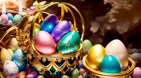 Colorful easter eggs in a basket on bokeh backgroundの素材