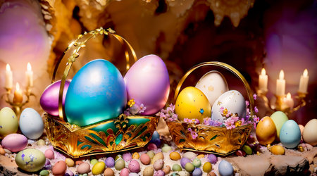 Easter still life with colored eggs and candles on dark background.の素材