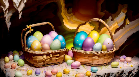 Colorful Easter eggs in a basket on a table in a caveの素材
