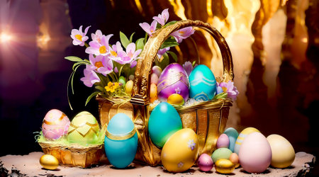 Easter eggs in a basket on a dark background. Happy Easter.の素材