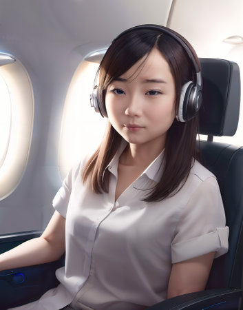 Beautiful asian businesswoman in airplane listening to the music with headphonesの素材