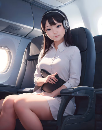beautiful asian woman sitting in airplane and listening music with headphonesの素材