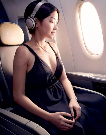 Beautiful asian woman in the airplane listening to music with headphonesの素材