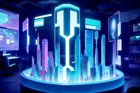 3D rendering of virtual city in blue neon light. Futuristic city conceptの素材