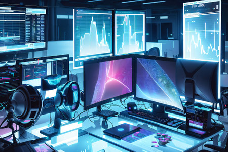 3d rendering of modern cyber security room with computers and monitors.の素材