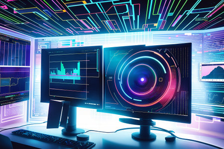 Computer monitor with glowing HUD interface. Technology concept. 3D Renderingの素材