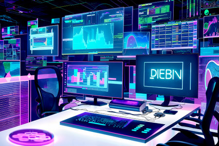 3D Illustration of a modern server room with a lot of screens and computers.の素材