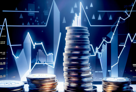 Stack of coins and stock market chart on blue background. Business and finance concept.の素材