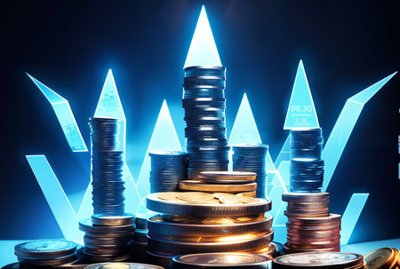 Stacks of gold coins with blue arrows on dark background, business and financial conceptの素材