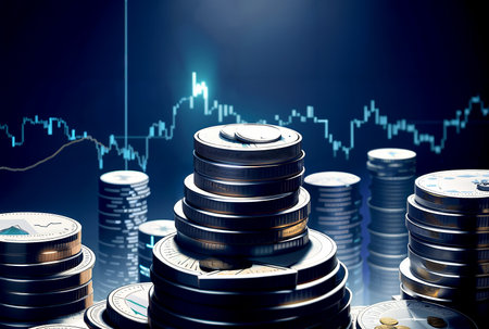 Stack of coins with stock market chart on background. 3d illustrationの素材