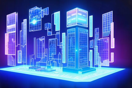 3d render of futuristic city with glowing lights on dark background.の素材