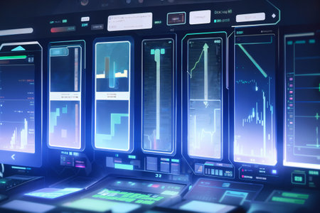 Futuristic interface with glowing charts and diagrams. 3d renderingの素材