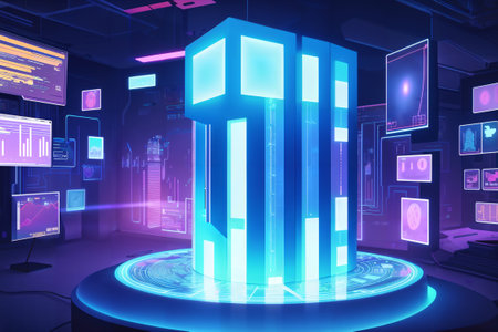 Futuristic server room with neon lights. 3D Renderingの素材