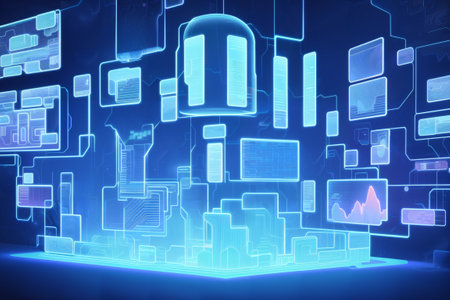 Glowing digital business interface over blue background. 3D Renderingの素材