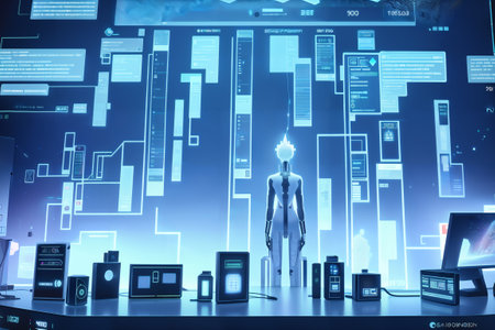 3d rendering of robot in front of virtual screen.の素材