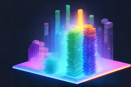 3d render, colorful abstract stacks of coins in the shape of a cityの素材