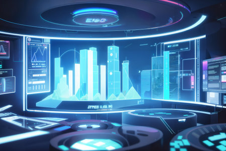 Futuristic interface with glowing charts and diagrams. 3d renderingの素材