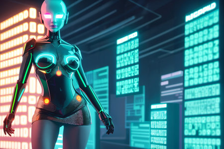 Cyborg woman looking at stock market screen. 3D Renderingの素材