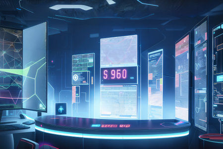 Futuristic interior of a modern office with a lot of screens. 3d rendering toned image double exposureの素材