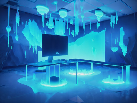 Composite image of computer in room with blue lights 3D renderingの素材