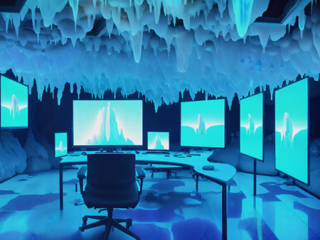 3D rendering of a cool blue cave with plasma panels and a tableの素材
