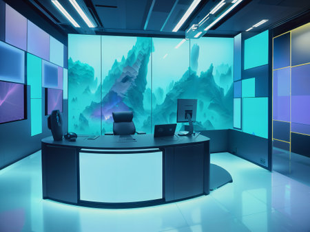 Interior of modern office with blue walls, blue floor and rows of computer tables. 3d renderの素材