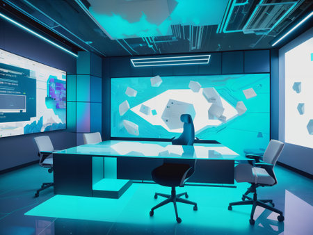 Modern conference room interior with glass wall and computer monitors 3D renderingの素材