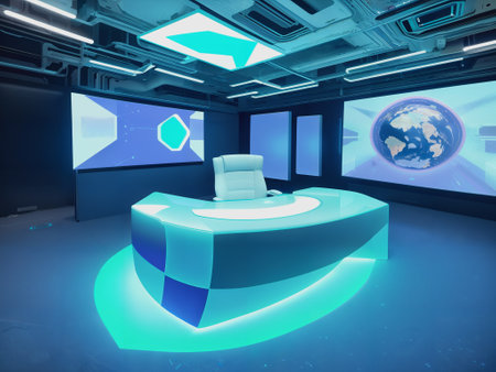 3D rendering of a futuristic reception desk in an empty room with space for textの素材