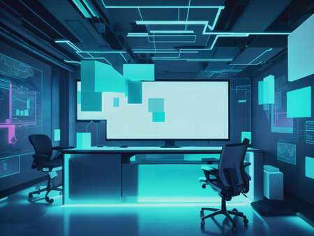 3d render of modern office interior with computer and empty screen.の素材