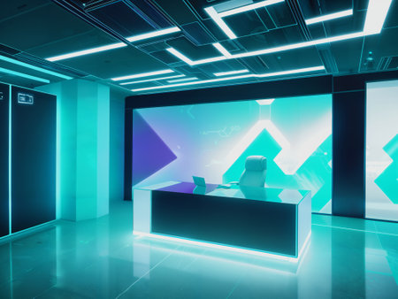 interior of modern office with reception desk and colorful lights 3D renderingの素材