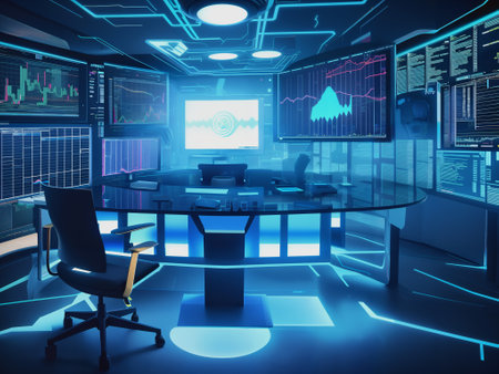Futuristic office interior with computer tables and monitors 3D renderingの素材