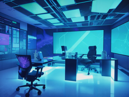 3d render of modern office interior with computers and monitors on wallの素材