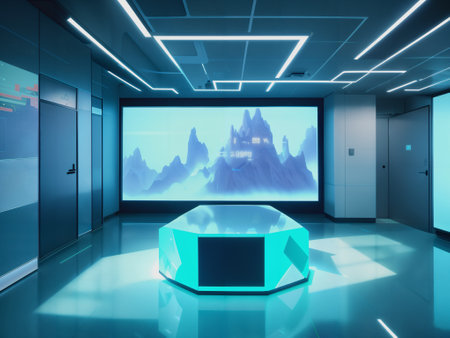 3d rendering of a modern interior with a blue wall and a tvの素材
