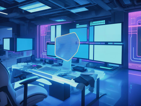 3D rendering of a cyber security room with computer monitors and screensの素材