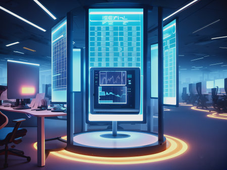 3D rendering of an empty office interior with a futuristic touchscreen displayの素材