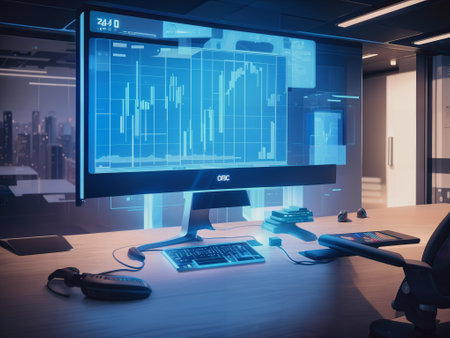 Modern office interior with financial charts on the screen. 3D Renderingの素材