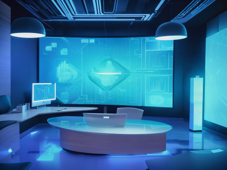 3d render of modern office interior with computer and business chart.の素材