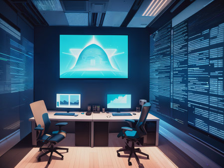 3d rendering of modern office interior with computer monitor screen on the wallの素材