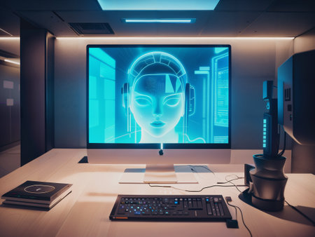 3D rendering of a modern office interior with a computer and a robot headの素材