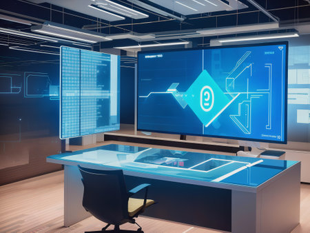 3d rendering of a modern office interior with a computer screen and city lightsの素材