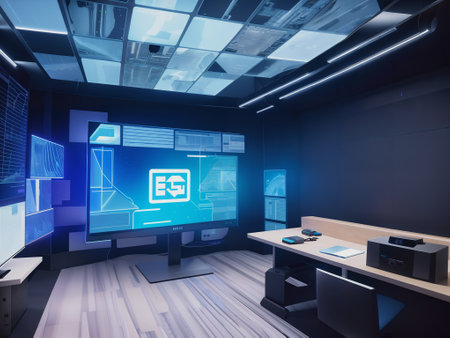 Black office interior with computer and blue screen. 3D Renderingの素材