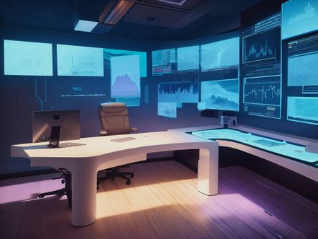 3D rendering of the interior of a modern office with computer monitorsの素材