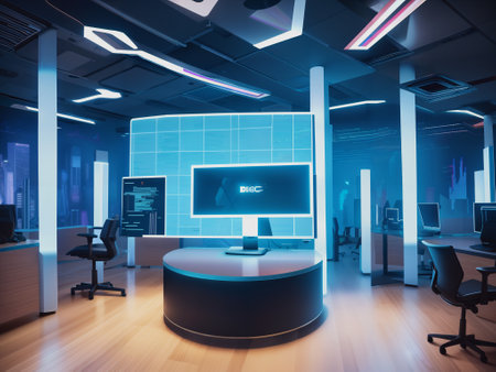 Modern office interior with computers. 3d rendering toned image double exposureの素材