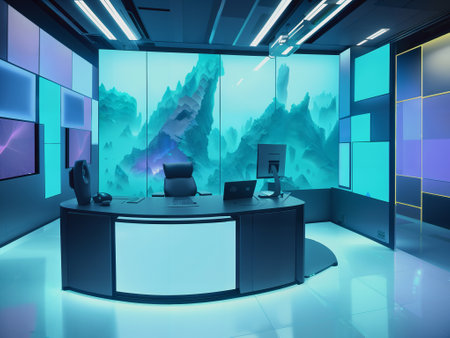 interior of modern office with blue walls and floor, 3d renderの素材