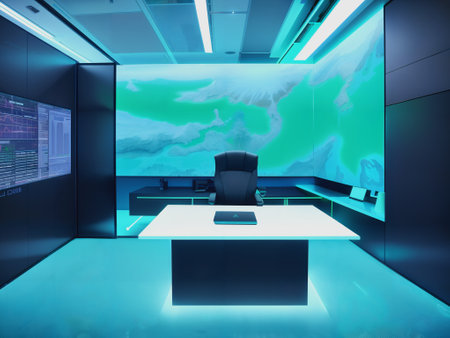 Interior of modern office with blue and black walls, concrete floor, rows of computer tables with black chairs and a map on the wall. 3d renderingの素材