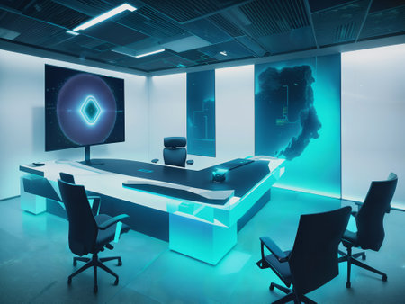 3d rendering interior of modern bright office with blue lights. 3d illustrationの素材