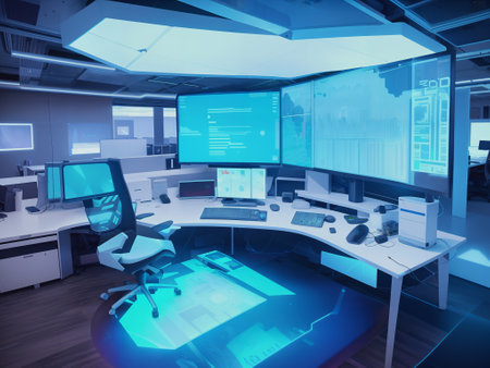 Interior of modern office with computers and monitors. 3D renderingの素材