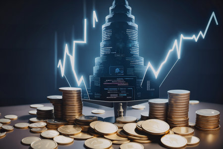 Stacks of coins and hologram of city on black background. Finance and banking concept. Double exposureの素材
